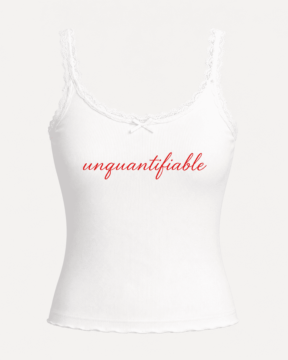 White lace-trim Codestars cami laid flat with red script artwork.