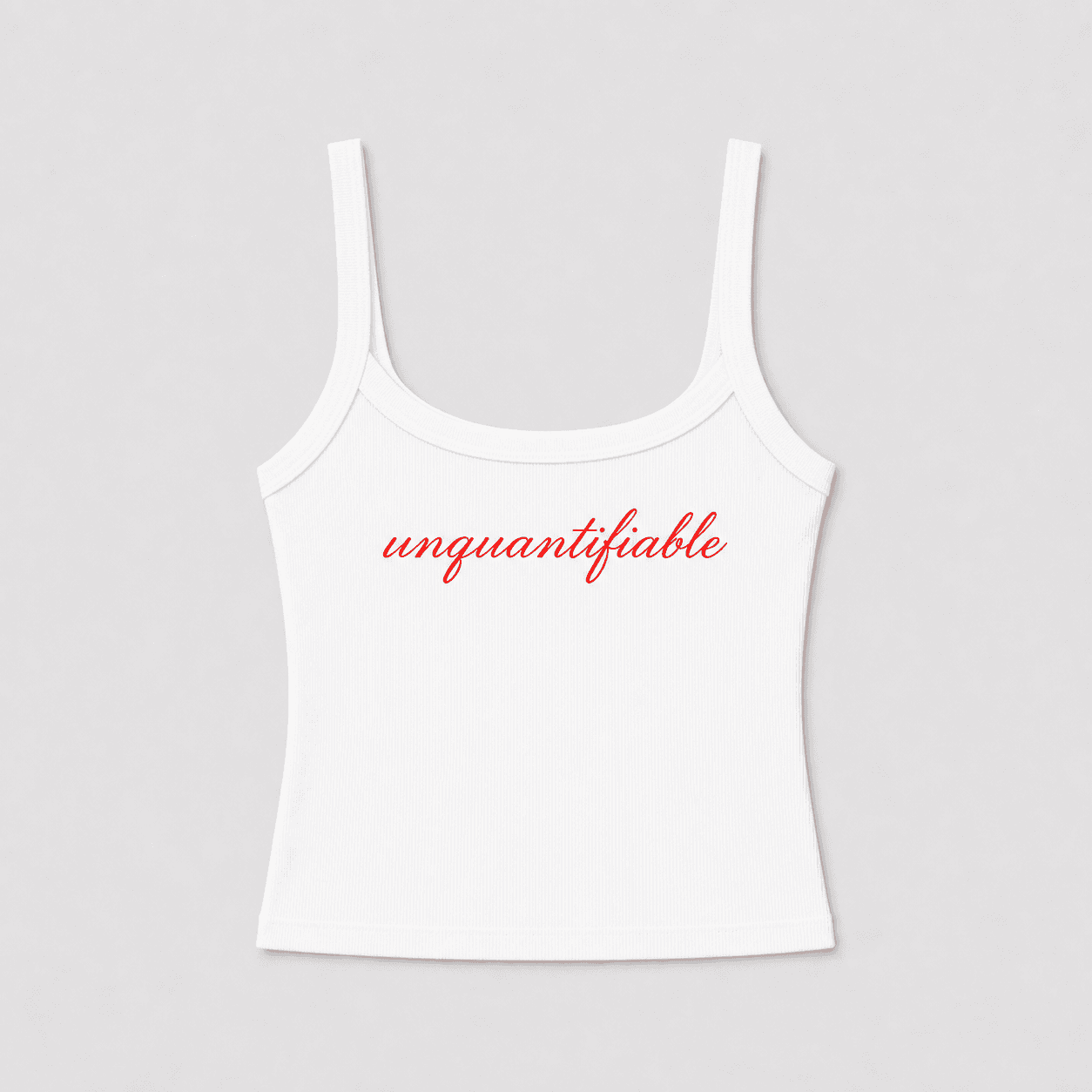 Product image of the Unquantifiable micro-rib tank in white with red script artwork.