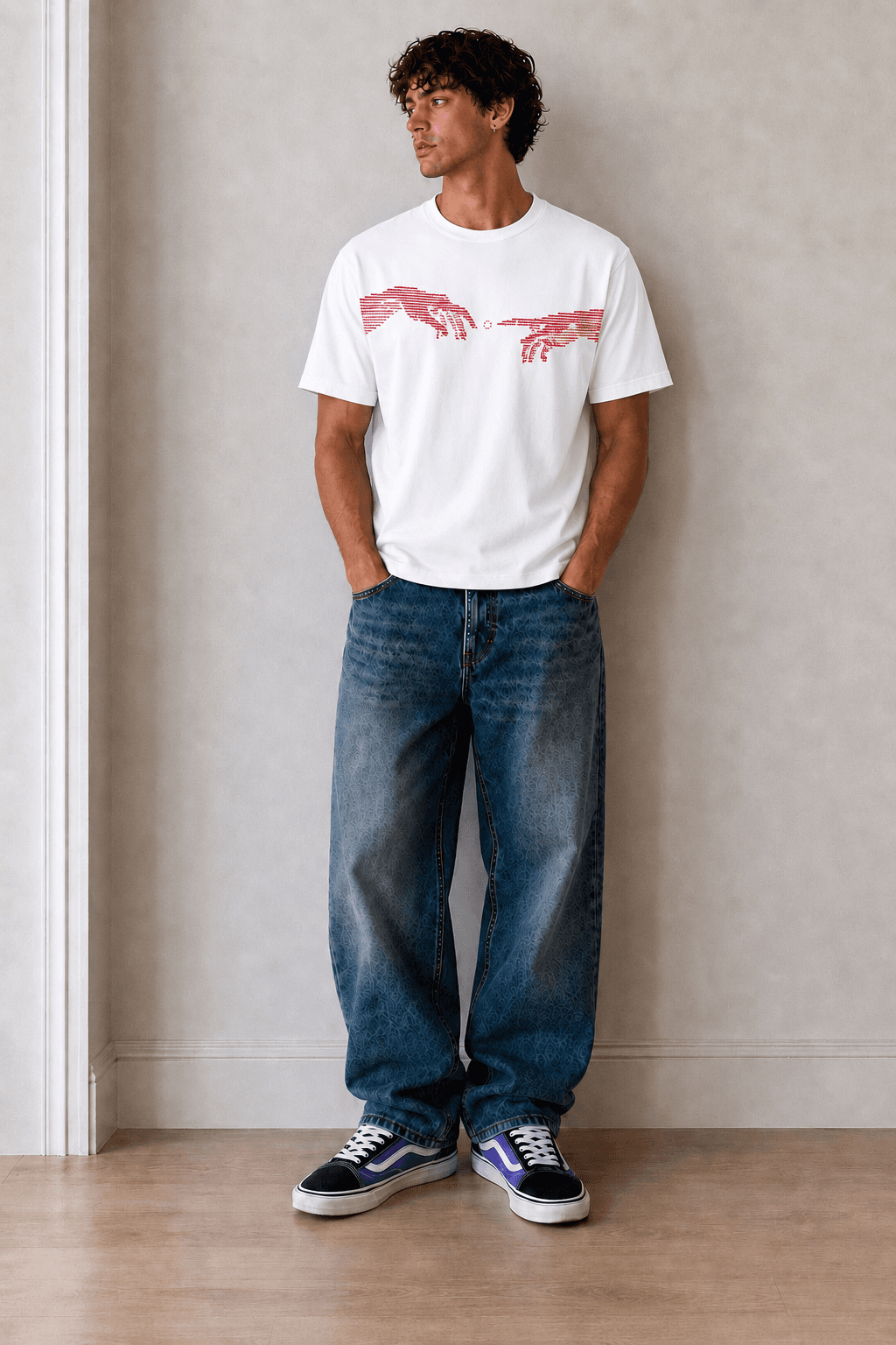 Model wearing a white Codestars tee with red binary hand artwork.