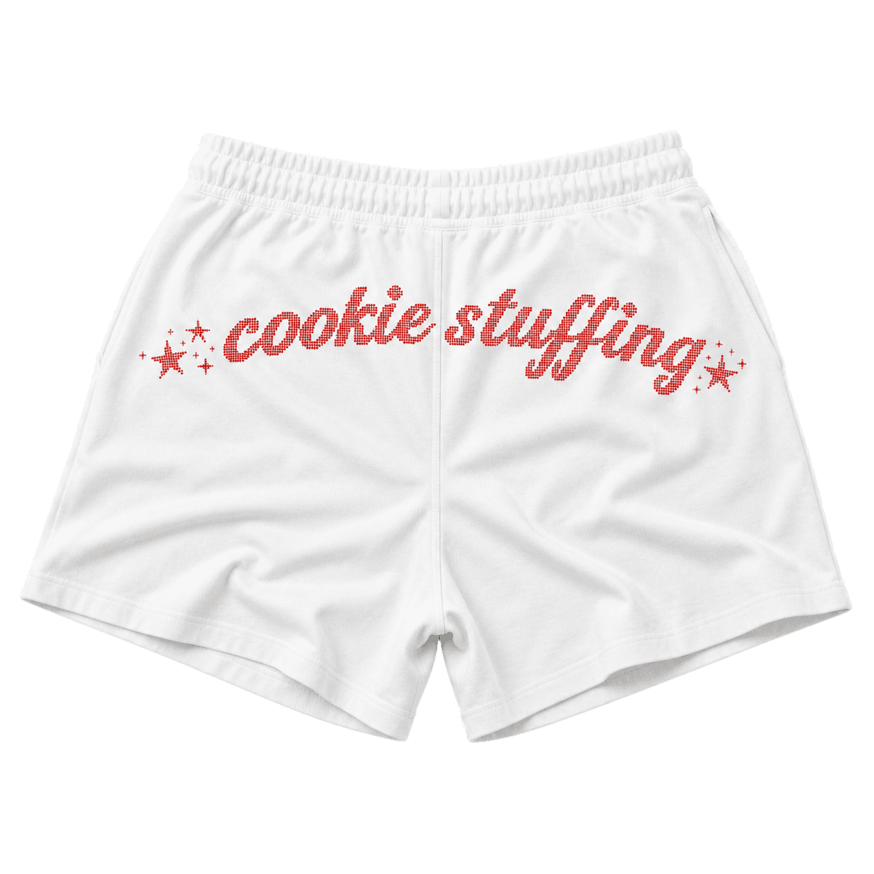 Rear flat lay of white Cookie Shorts with red dotted cookie stuffing artwork.