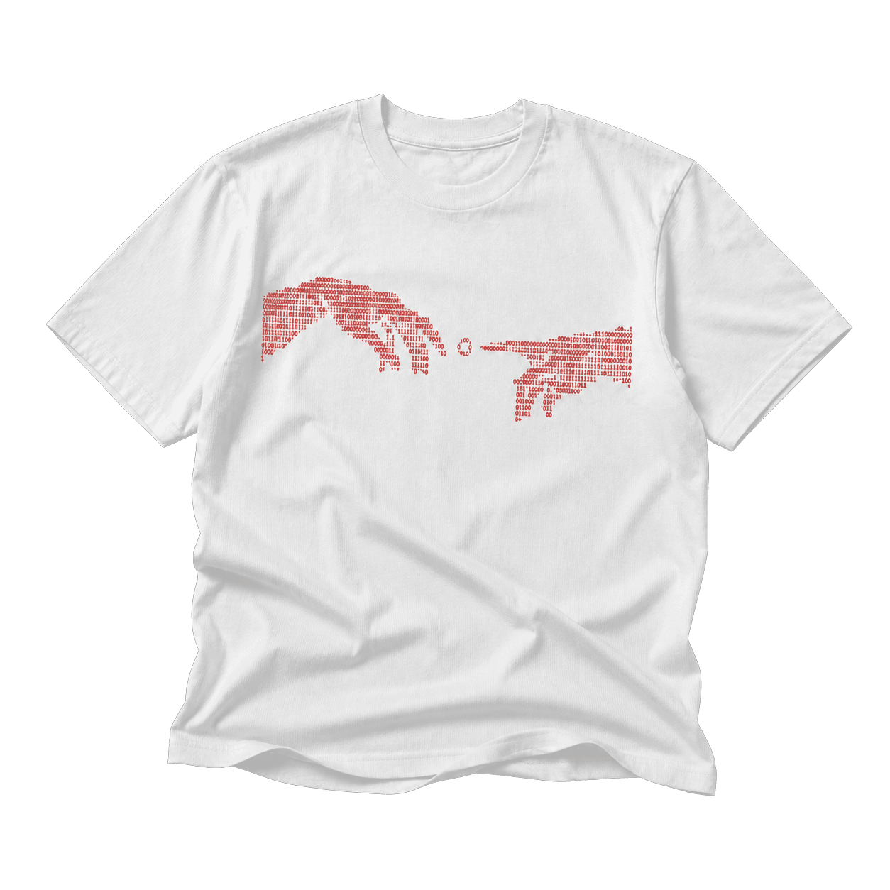 Flat lay of the Creation Tee in white with red binary hand artwork on black.