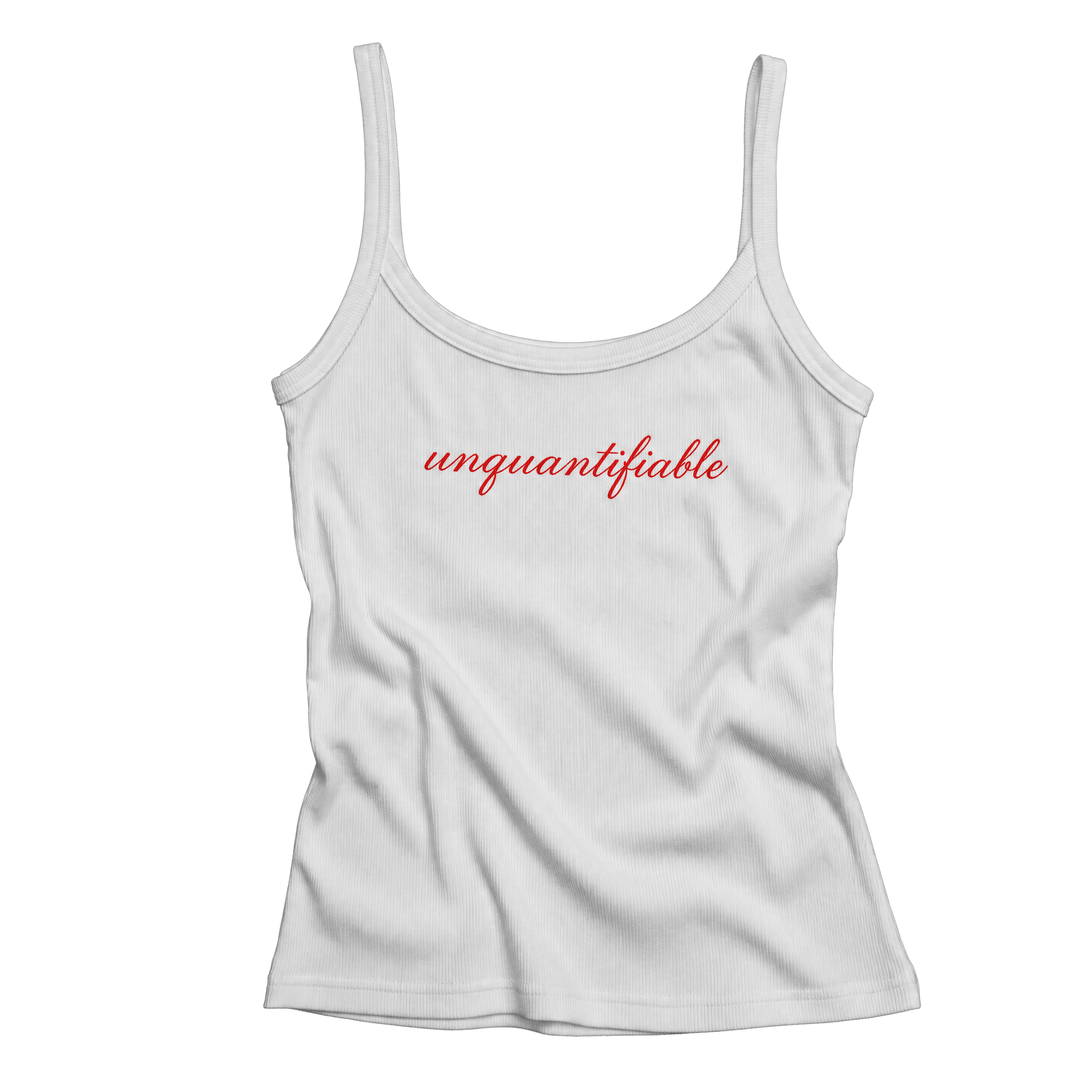 Flat lay of the Unquantifiable micro-rib tank in white with red script artwork on black.