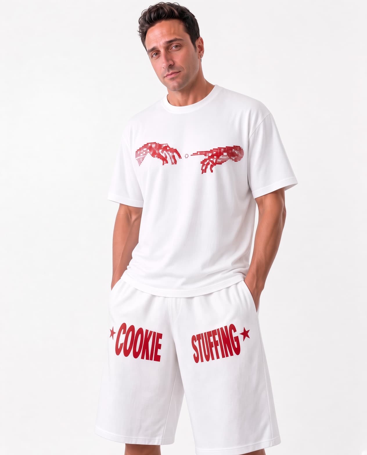 Campaign view of a model wearing white Hard Signal Long Shorts with red Cookie Stuffing graphics.