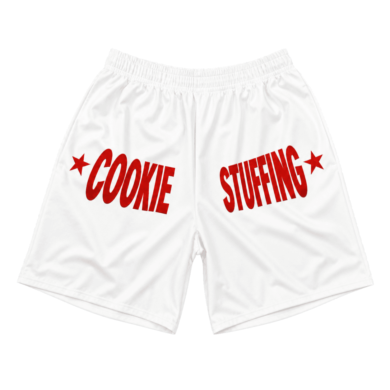 Front flat lay of white Hard Signal Long Shorts with red Cookie Stuffing fight-poster graphics.