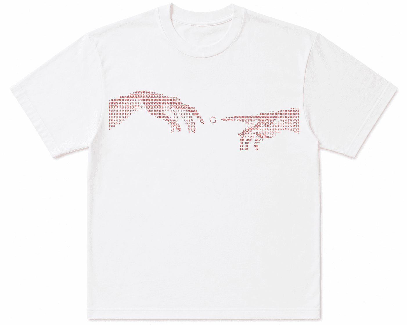 White Codestars tee laid flat with red binary hand artwork.